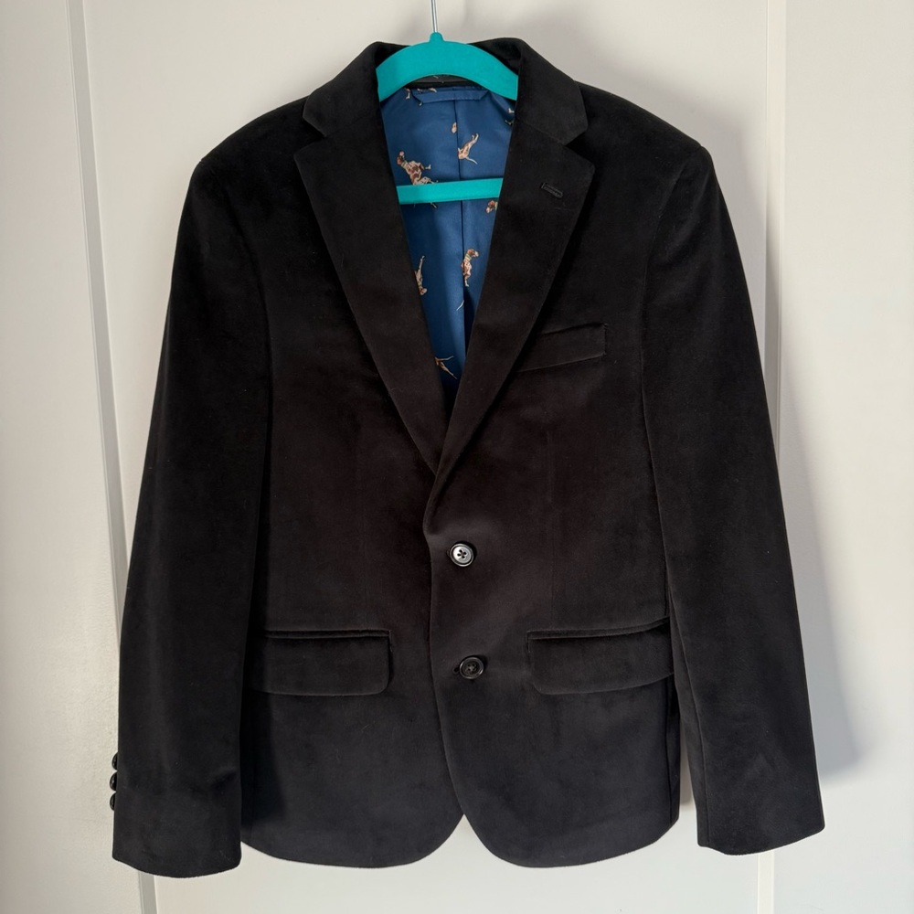 Ralph Lauren Black/Blue Dog Pattern 2 Button Velvet Blazer Size 10R NWOT